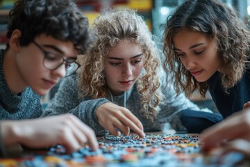 Fototapeta premium Show a group of students working together to solve a puzzle or problem