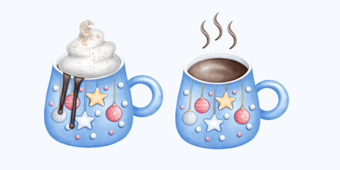 Delicate Hand Drawn Watercolor blue Christmas Mug with Whimsical and Warm Design in Soft Tones