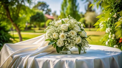 Elegant white wedding bouquet adorned with lush greenery and delicate baby's breath, resting on a silky satin tablecloth with a subtle outdoor garden ambiance.