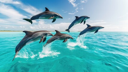 Five Dolphins Leaping Out of the Water