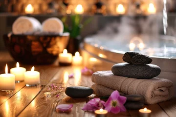 Spa setting with candles, stacked stones, towels, and orchids near a steaming hot tub on a wooden floor
