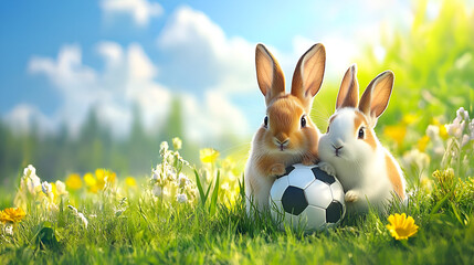 Fototapeta premium Cute rabbit playing football with a beautiful background.