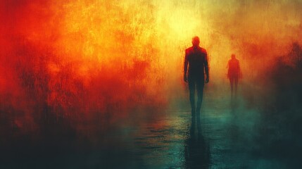 Fototapeta premium Two Figures Walking Through a Misty Landscape