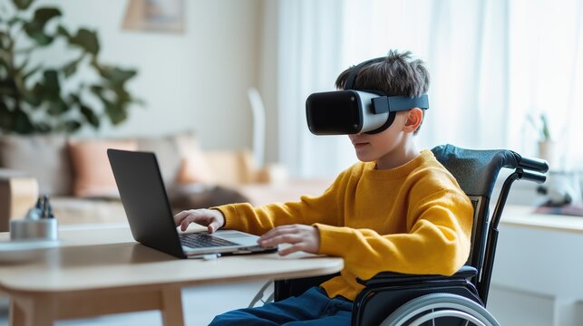 Young Boy in Wheelchair Using Virtual Reality in Bright Home Setting for Learning - Powered by Adobe