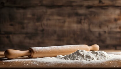 Classic wooden rolling pin in a rustic kitchen setting, visualize the rolling pin dusted with flour, lying across a smooth, lightly floured countertop
