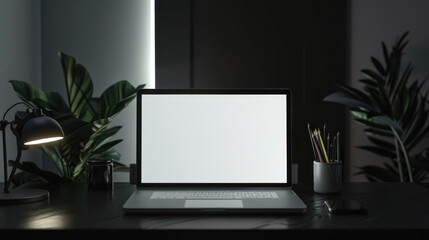 black and white screen laptop in aesthetic dark room