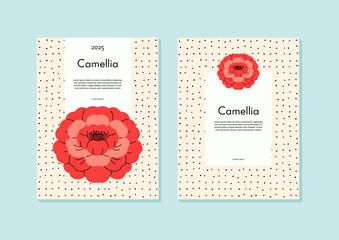 Colorful card template with camellia flower in minimalistic style