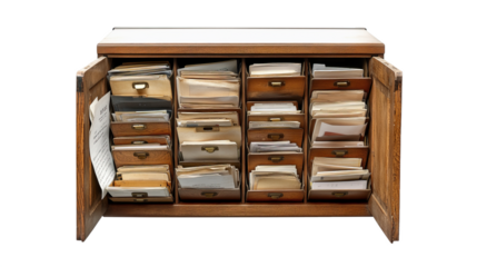 Wooden drawer cabinet for document storage.