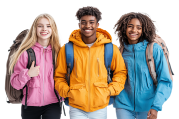Happy teens with backpacks ready for adventure.