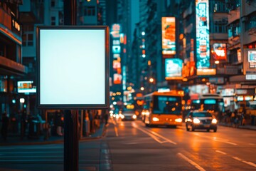 Empty billboard glows on a bustling urban street after dark, waiting for your ad