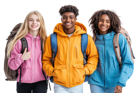 Happy teens with backpacks ready for adventure. - Powered by Adobe
