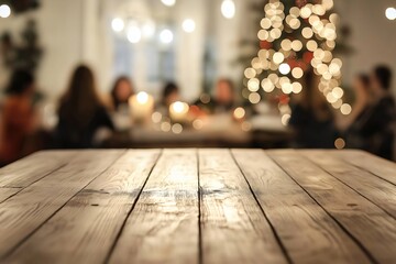 Festive wooden table with a christmas dinner party in the background