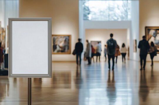 Blank signboard in the foreground of an art gallery with people blurred in the background admiring paintings