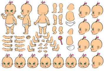Vector cartoon style Baby Girl character for animation. Different emotions, gestures and poses. Isolated vector illustration.
