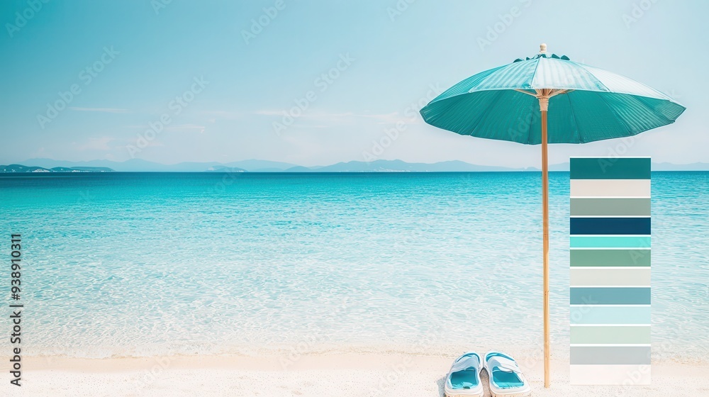 Poster Beach Colour Palette with Turquoise Umbrella and Sandals.