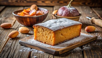 Freshly baked sweet potato cake with powdered sugar, crispy edges, and a soft center, served on a vintage wooden table with a natural background.