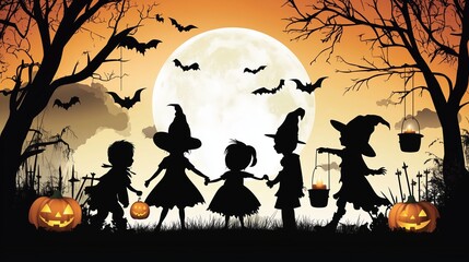 silhouette at dusk of children holding hands, dressed in hallowing, pumpkins, moon, bats, etc.