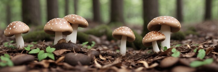 Forest mushrooms with white spots on caps growing on woodland