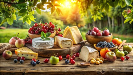 Freshly picked fruits and artisanal cheeses arranged on a rustic wooden table, surrounded by earthy tones and lush greenery, evoking a sense of rural charm.