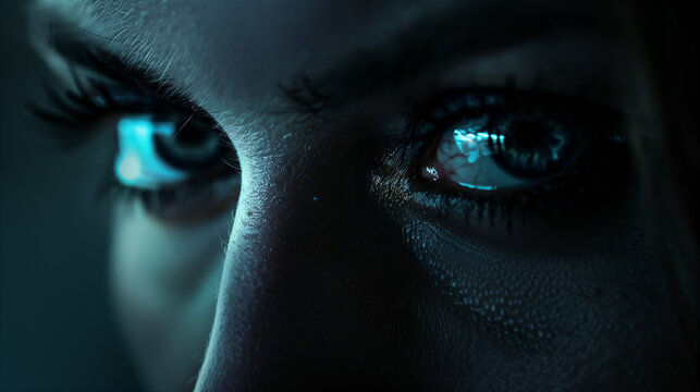 Close-up of intense human eyes with blue digital reflection. Confident young woman with cybernetic vision concept. Futuristic technology interface mirrored in irises with dark atmosphere.
