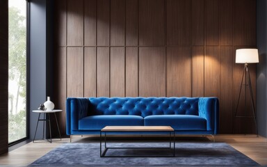 Blue sofa against paneling wall. Minimalist loft home interior design of modern living room