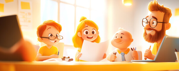 A cheerful group of children and an adult engaged in creative learning, embodying collaboration and joy in a bright setting.