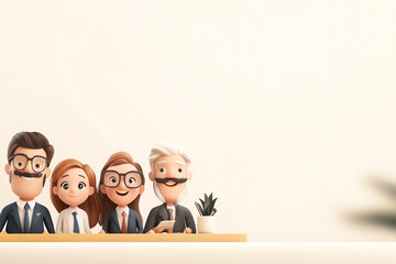 A cheerful team of four cartoon characters in business attire, sitting together with a plant on the table against a minimalistic background.