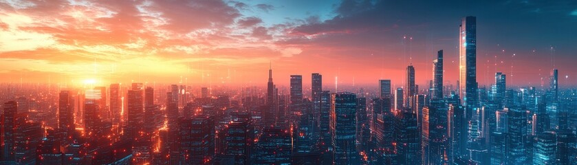 Fototapeta premium A breathtaking panoramic view of a modern city skyline at sunset, with tall skyscrapers and vibrant urban landscape under a dramatic sky.