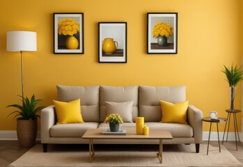 Beige sofa with yellow pillows and two side tables with lamps against vibrant yellow wall with poster frame. Classic home interior design of modern living room