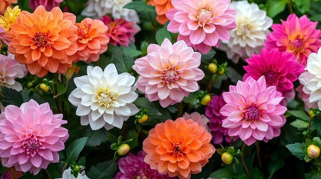 pinks, orange and white Dahlia flowers. Colorful dahlia garden flowers, wallpaper backdrop. Blossoming dalias bloom. Generative ai