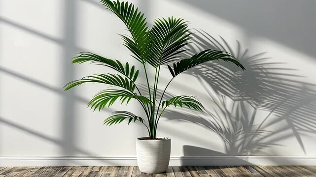 Tranquil home corner with potted palm plant shadows