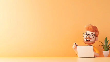 Obraz premium Cheerful man with glasses enjoying working at a laptop in a bright workspace with a plant and warm colors.