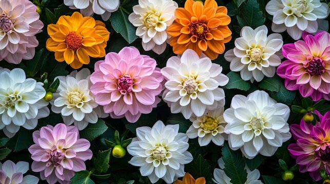 pinks, orange and white Dahlia flowers. Colorful dahlia garden flowers, wallpaper backdrop. Blossoming dalias bloom. Generative ai