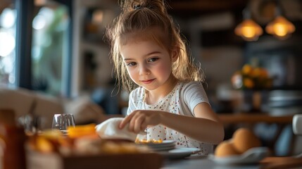 A young girl wiping down the dining table after a meal, taking on the task with enthusiasm.