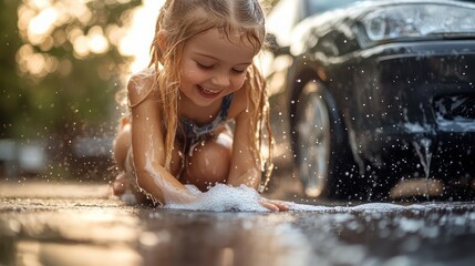 Obraz premium A young girl is playing in the rain and splashing water on a car. The scene is playful and fun, with the girl enjoying the moment and the car being the target of her playful actions