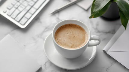 Email Marketing,  A desk scene featuring an email marketing campaign plan, a cup of coffee, and digital marketing strategy tools for effective automation
