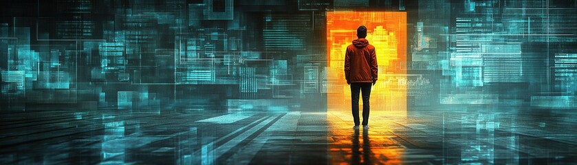 Obraz premium A person stands in front of a glowing door in a futuristic virtual world, symbolizing the concept of digital exploration and new opportunities.
