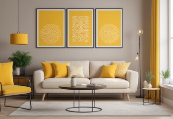 Beige sofa with yellow pillows and two side tables with lamps against vibrant yellow wall with poster frame. Classic home interior design of modern living room