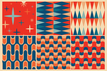 60s vintage retro seamless patterns. Vintage geometrical seamless backgrounds 50s and 60s