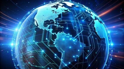 Obraz premium Futuristic globe with glowing blue circuits and neon lines, merging traditional cartography with artificial intelligence, symbolizing the intersection of geography and technology.