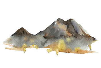 Mountains autumn watercolor sketch. Abstract landscape hand drawn.