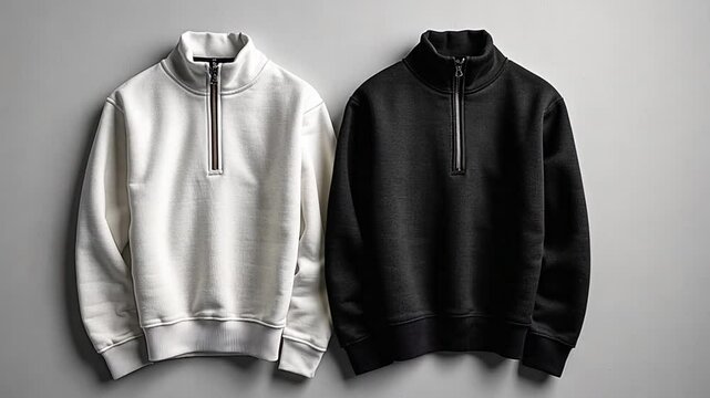 Minimalist Mockup: Two classic half-zip sweatshirts in white and black, showcasing a clean and modern aesthetic.  Perfect for displaying your brand logo, design, or message. 