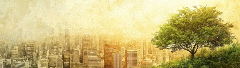 Fototapeta premium A serene landscape blending nature and urban skyline, showcasing harmony between tree and city in a warm, golden atmosphere.