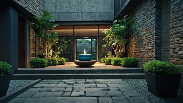 Video footage of courtyard or garden area of a modern home, focal point is a water feature
