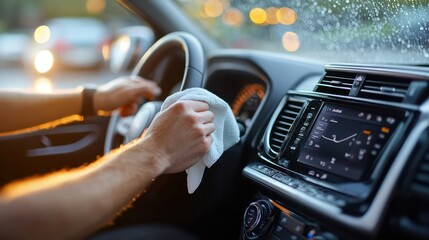 Man wiping the dashboard of a car Keep your car's interior clean and fresh with a simple task.