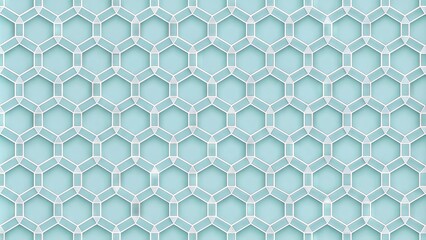 Naklejka premium Geometric seamless repeat of small interconnected white hexagons on a light blue background, creating a clean and modern minimalist texture or design element.