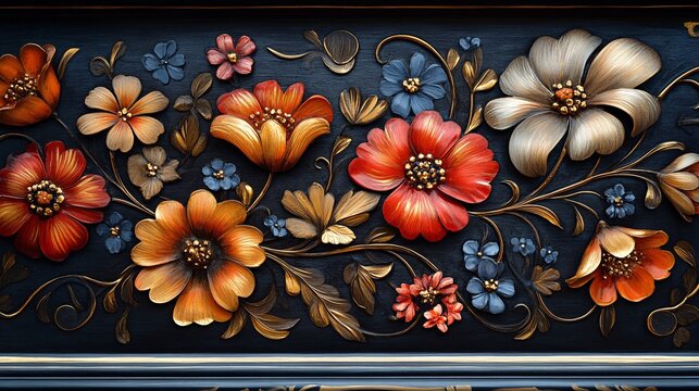 A traditional tole painting on a metal tray, featuring vibrant florals and delicate scrollwork with rich, earthy colors and gold accents