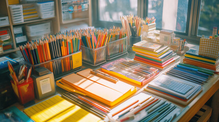back to school season, colorful stationery, school supplies, vibrant pencils, notebooks, classroom essentials