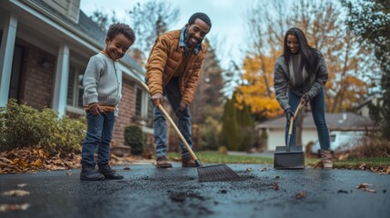 A multiethnic family sweeping the driveway, with everyone involved in keeping the entrance to their home neat.