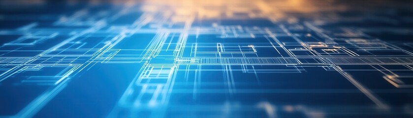 Fototapeta premium Abstract digital circuit pattern, technological futuristic design with blue and orange gradient, representing data flow and network connections.